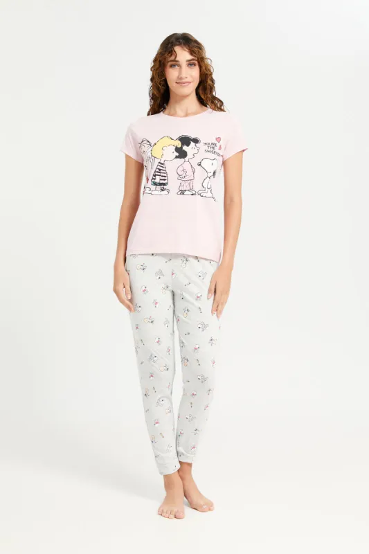 Women Pink And Grey Snoopy Pajama Set (2 Piece) sold by Redtag