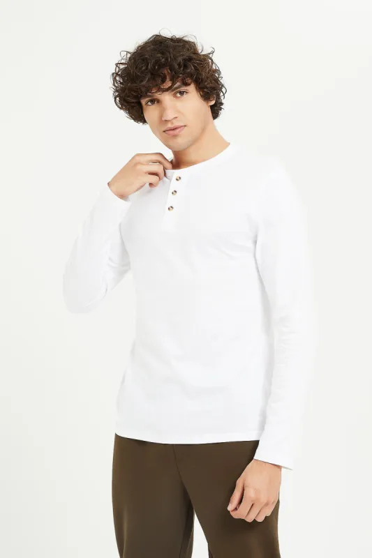 Men White Long Sleeve Henley Shirt sold by Redtag
