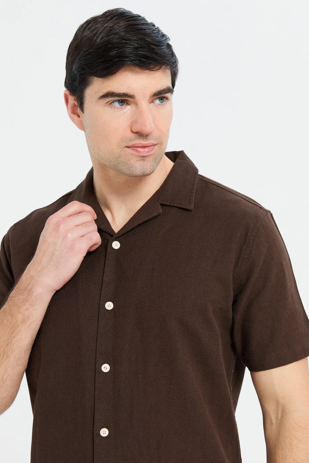 Men Brown Jacquard Resort Shirt sold by Redtag product image thumbnail 4