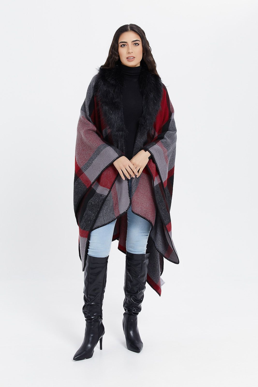 Women Assorted Checked Poncho With Fur Trim sold by Redtag product image thumbnail 3