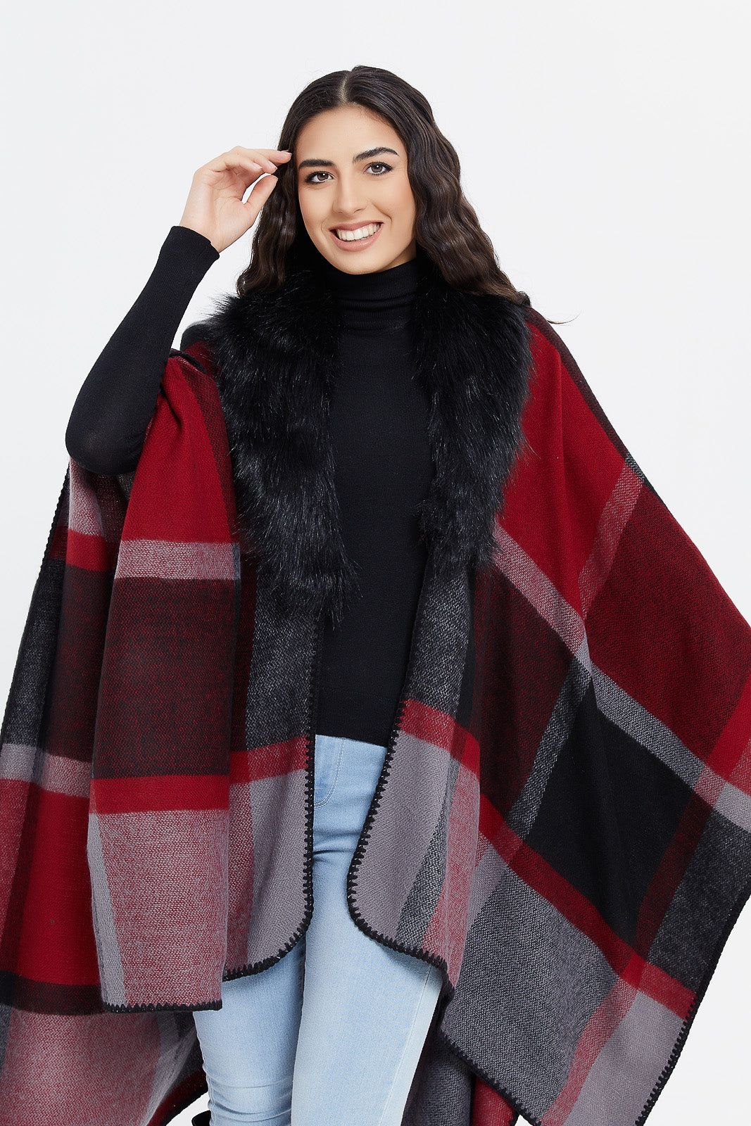 Women Assorted Checked Poncho With Fur Trim sold by Redtag product image thumbnail 4