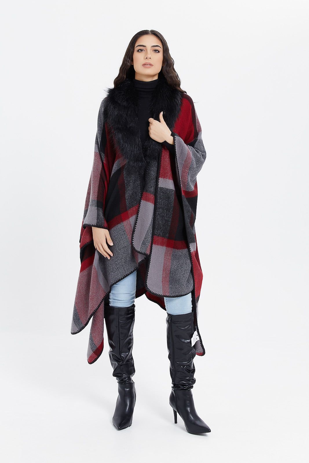 Women Assorted Checked Poncho With Fur Trim sold by Redtag