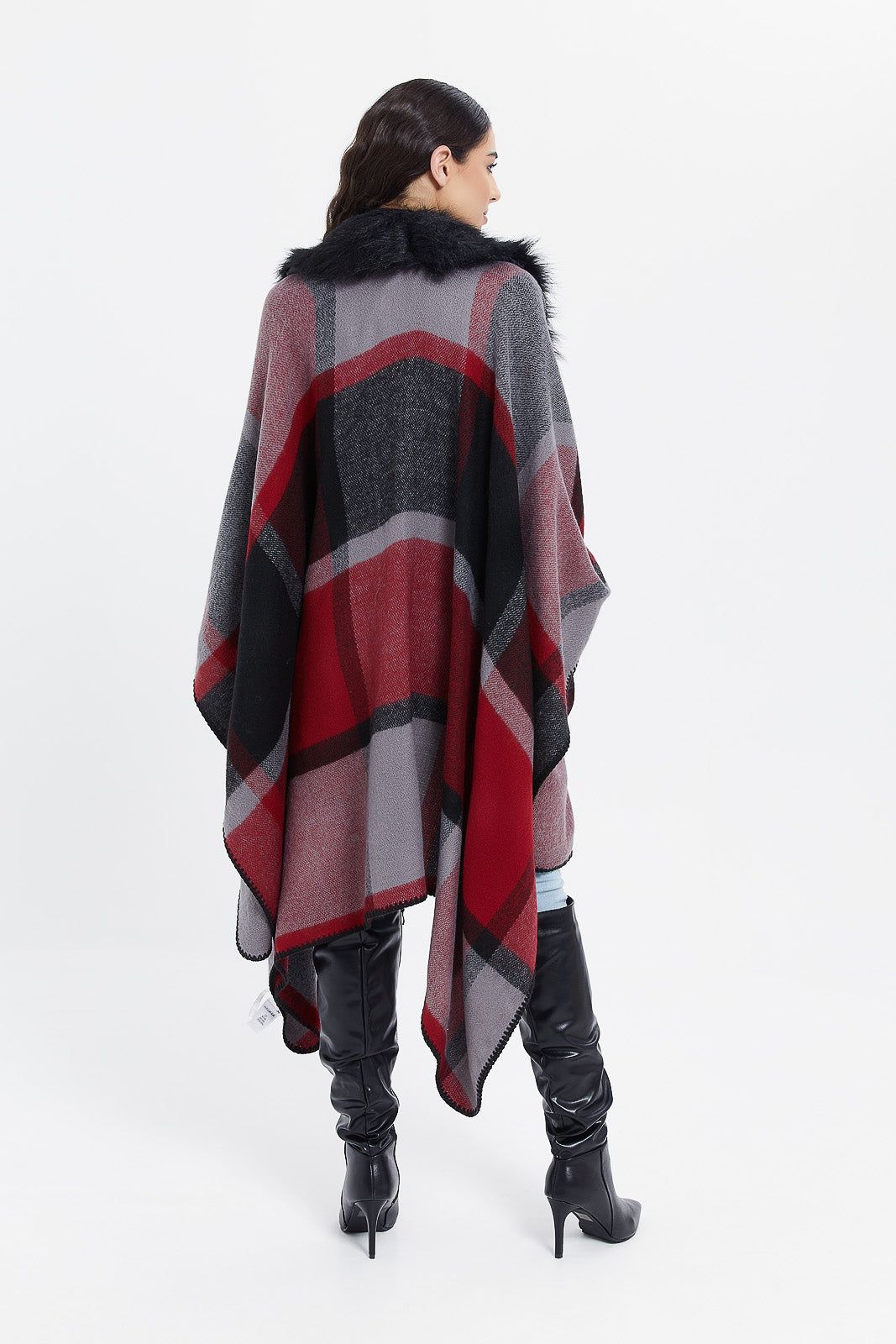 Women Assorted Checked Poncho With Fur Trim sold by Redtag product image thumbnail 2