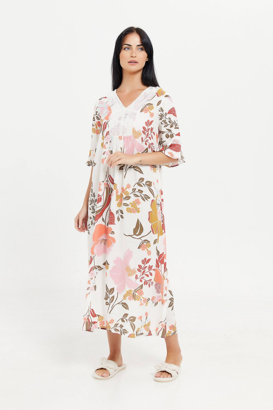 Women White Printed Short Sleeves Nightgown sold by Redtag