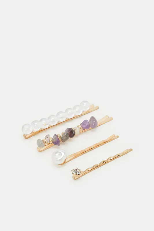 Women Gold Embellished Hair Clip Set (4 Piece) sold by Redtag