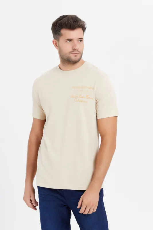 Men Beige Back Print T-Shirt sold by Redtag