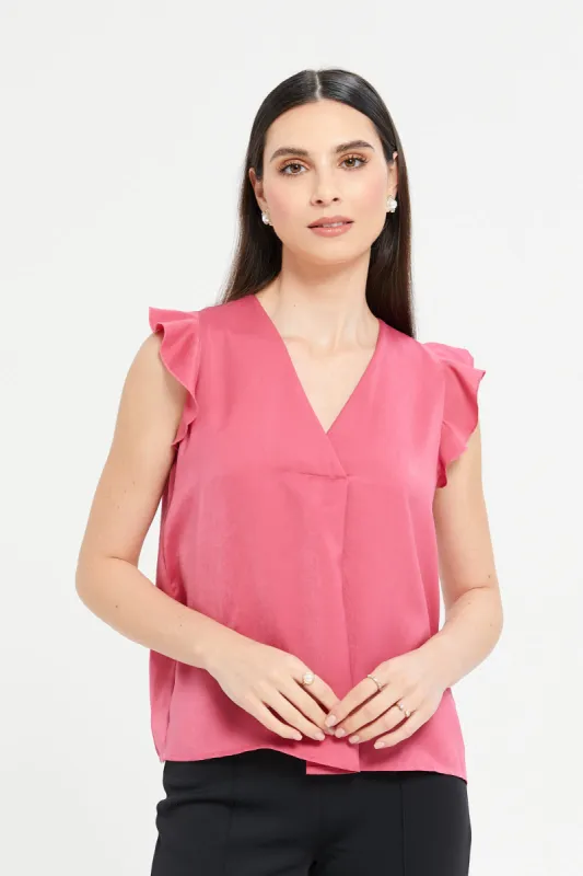 Women Fuchsia Pleat Detail Flowy Top With Flounce Sleeve sold by Redtag