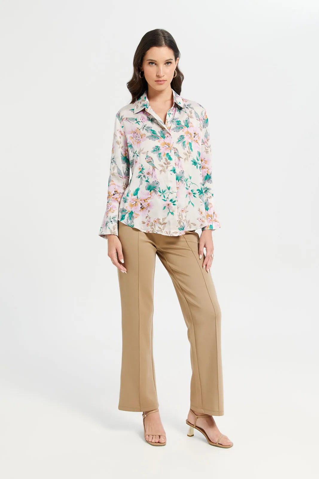 Women Beige Floral Print Oversized Satin Shirt sold by Redtag product image thumbnail 2