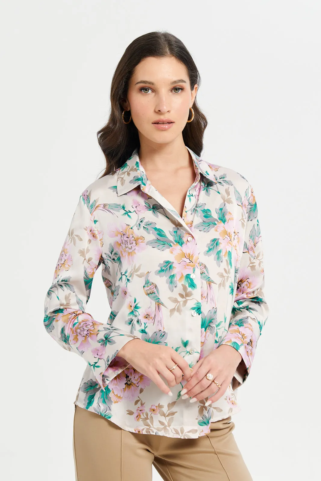 Women Beige Floral Print Oversized Satin Shirt sold by Redtag