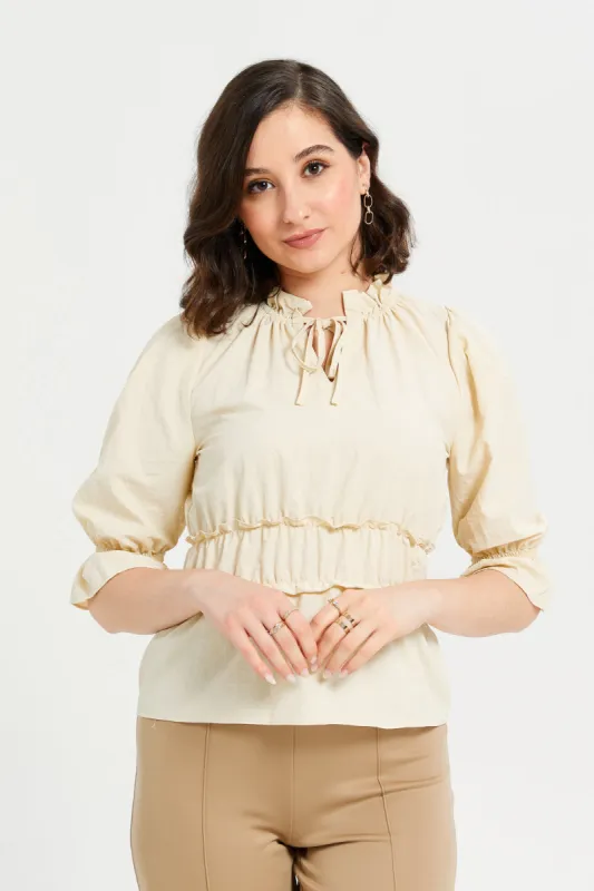 Woman Plain Ruched Cream Blouse sold by Redtag