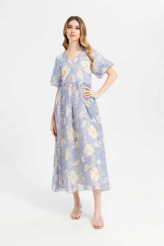 Women Blue Printed Long Dress sold by Redtag