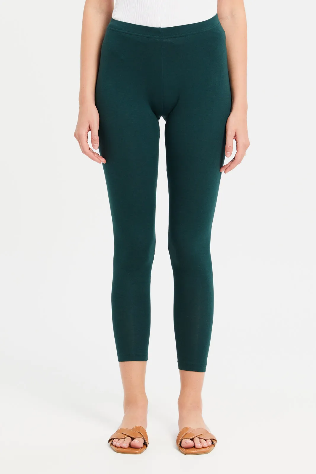 Women Olive Solid Leggings sold by Redtag