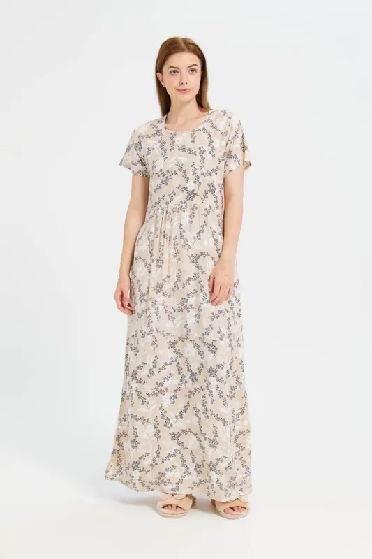 Women Beige Short Sleeves Nightgown sold by Redtag