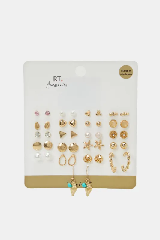 Women Gold Embellished Earrings Set (21 Pairs) sold by Redtag