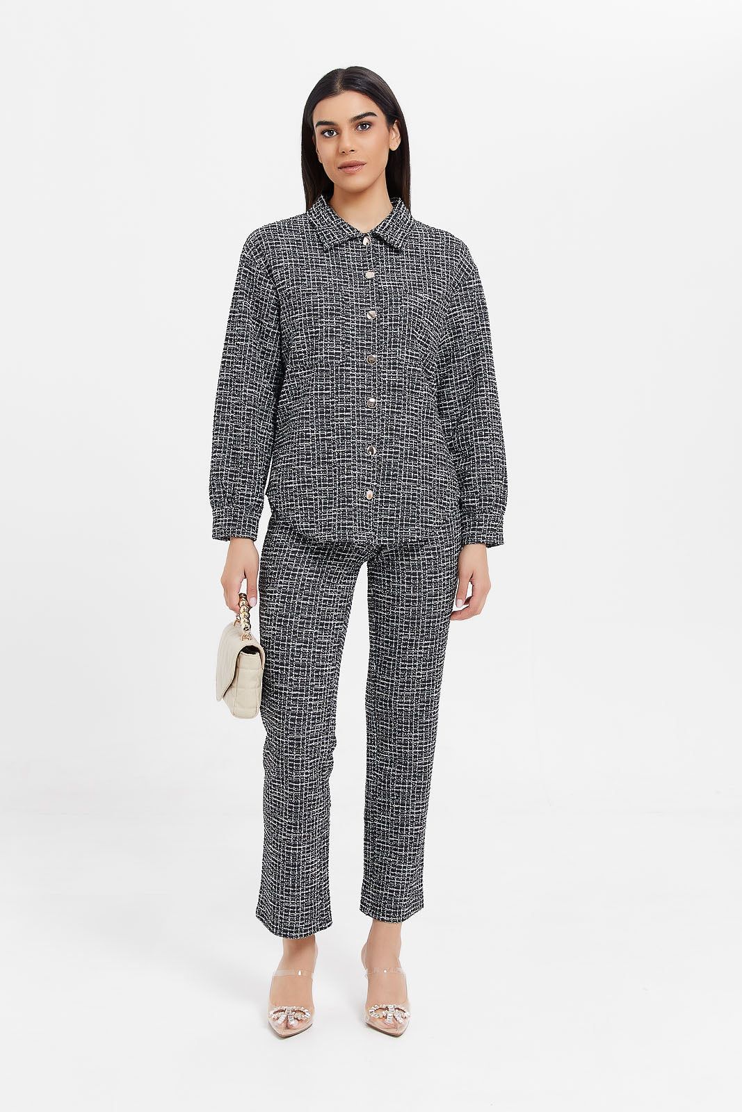 Women Black And White Textured Straight Leg Trousers sold by Redtag product image thumbnail 2