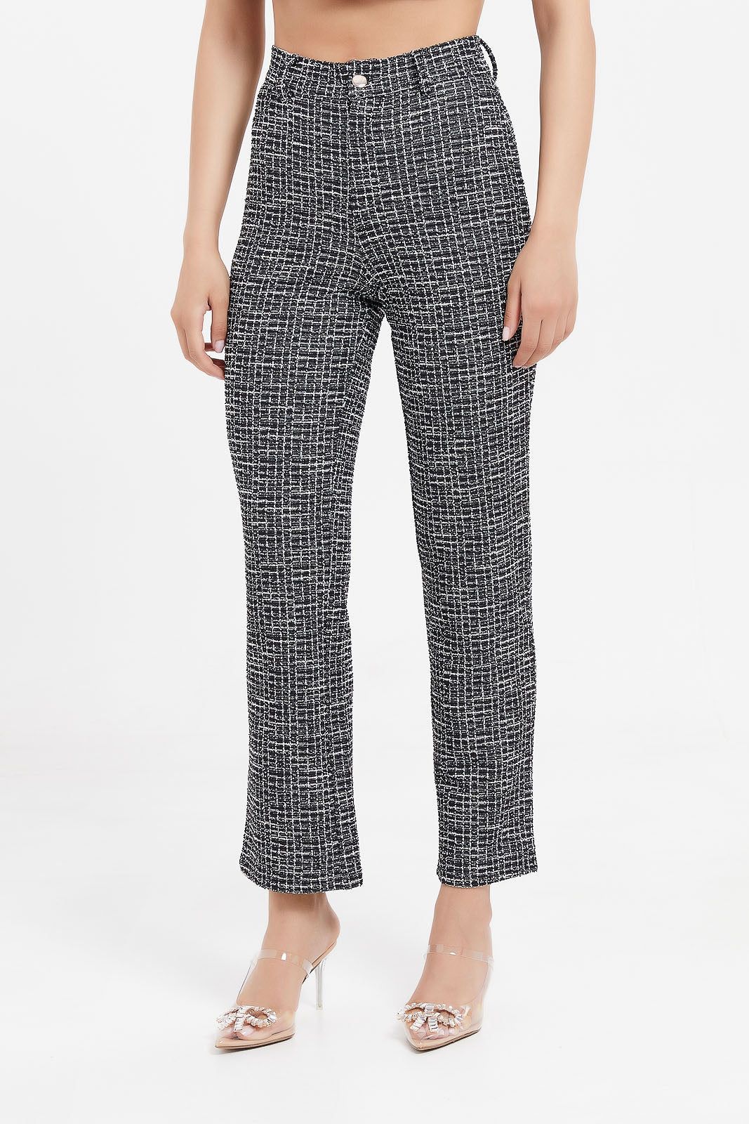 Women Black And White Textured Straight Leg Trousers sold by Redtag