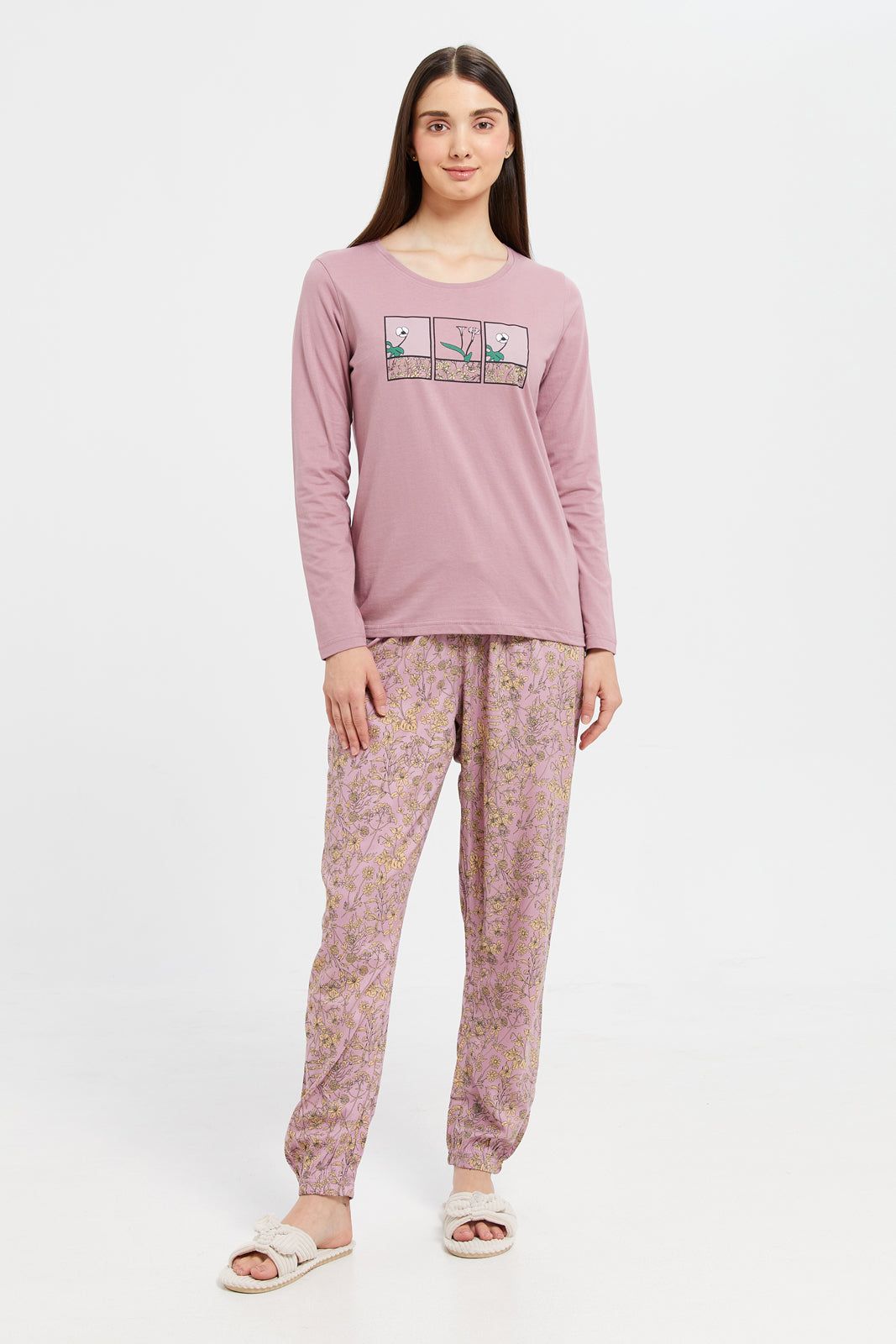 Women Mauve Chest Print Pyajam Set (2 Piece) sold by Redtag