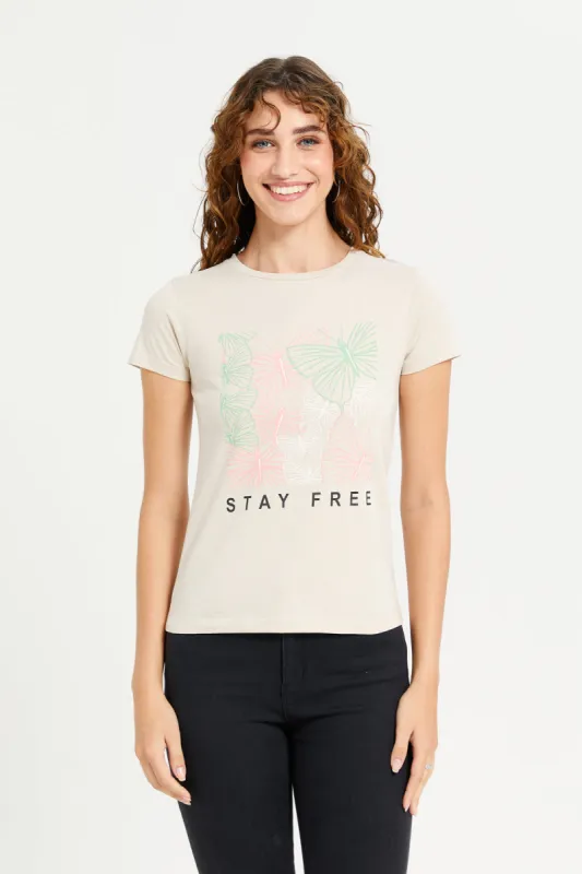 Women Beige Graphic T-Shirt sold by Redtag