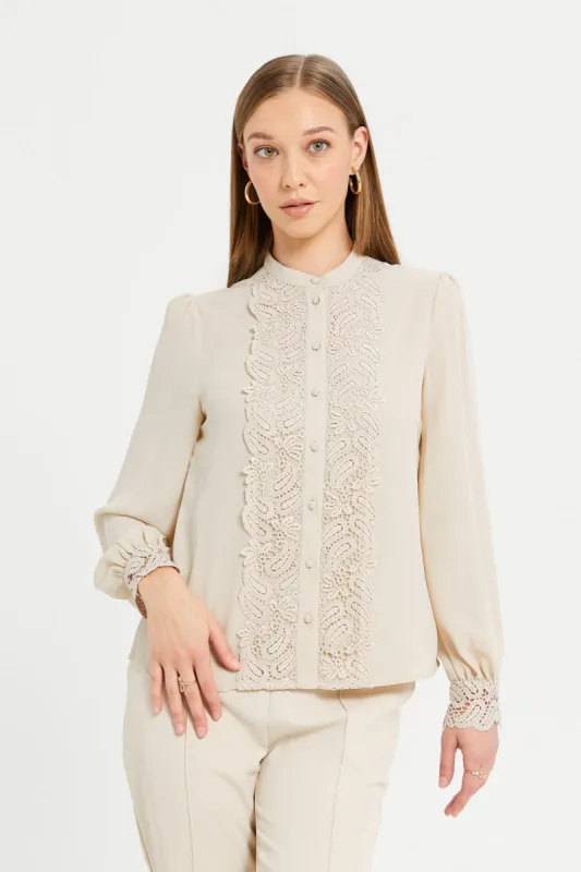 Women Beige Lace Detailed Shirt sold by Redtag