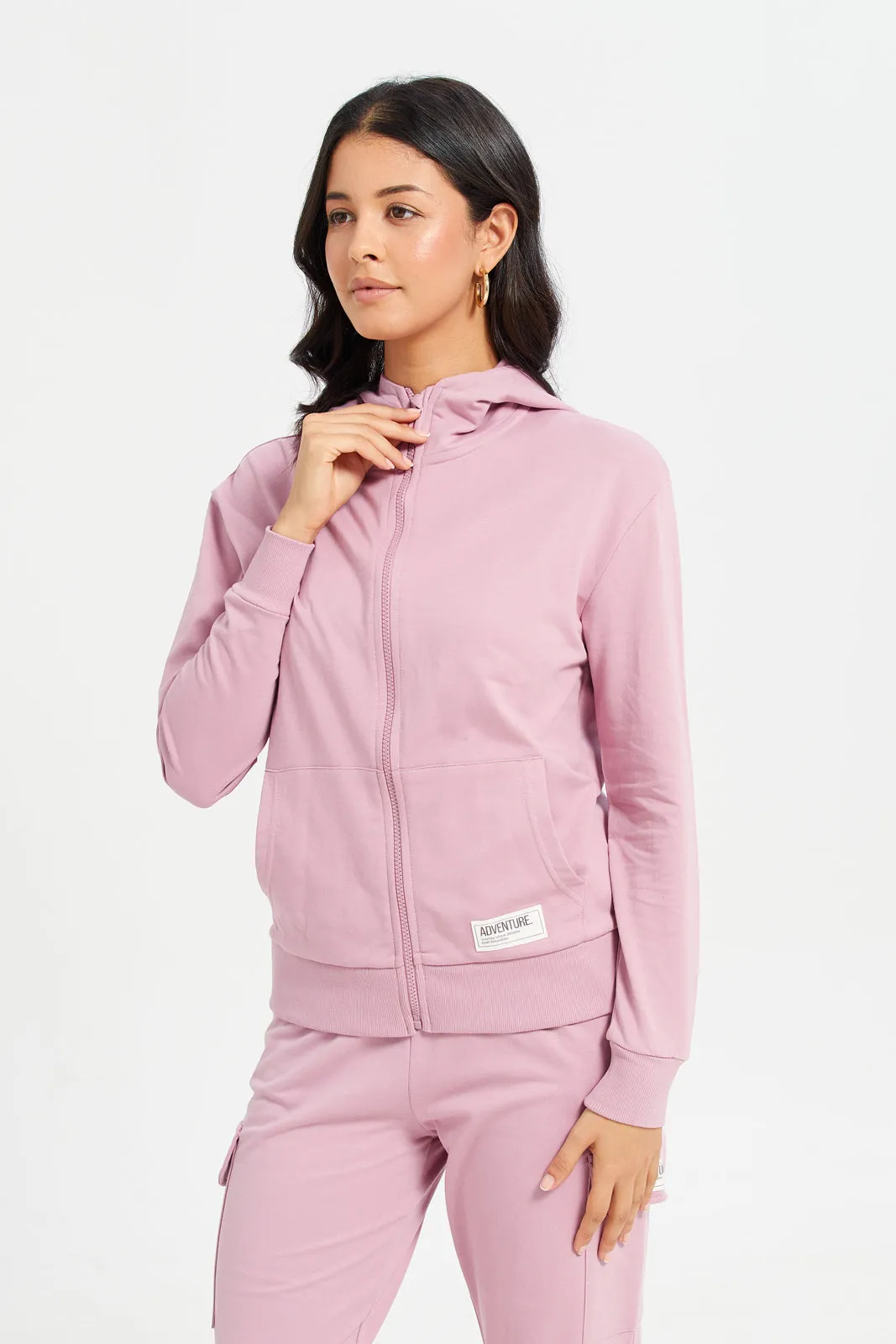 Women Pink Zip Through Hooded Sweatshirt sold by Redtag