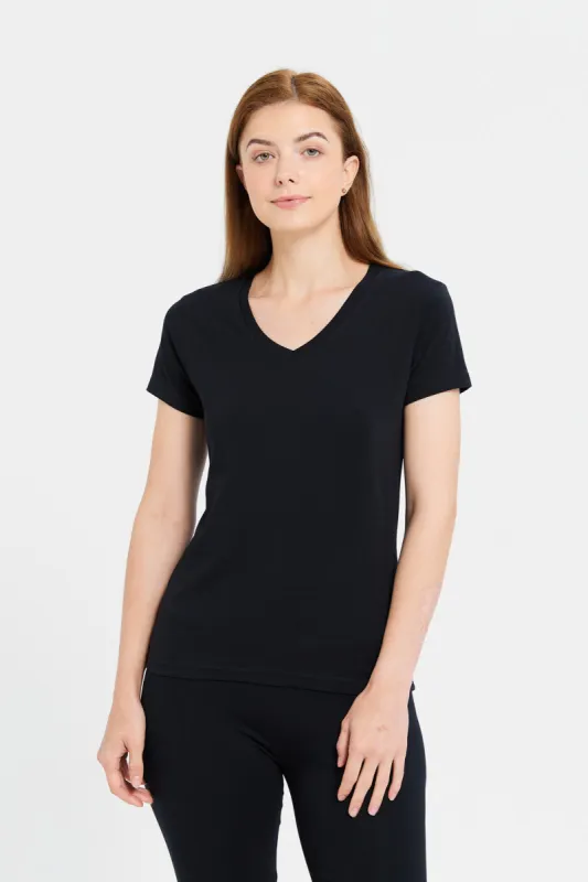Black Short Sleeve V- Neck T-Shirt sold by Redtag