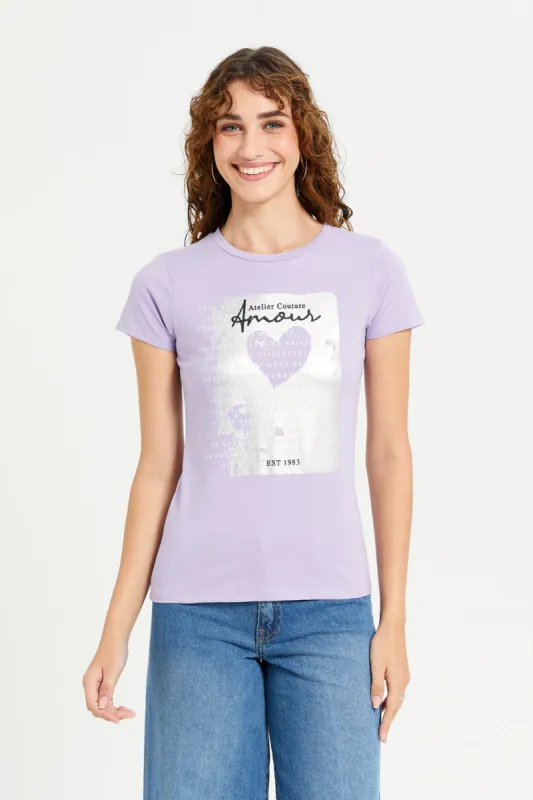 Women Lilac Foil Printed T-Shirt sold by Redtag