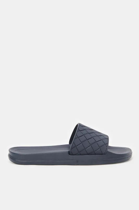 Men Navy Textured Comfort Slides sold by Redtag