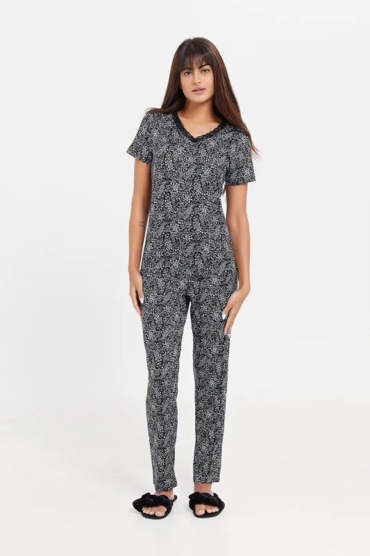 Women Black Printed Pyjama Set (2 Piece) sold by Redtag