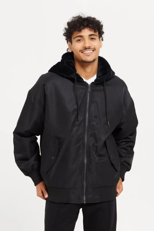 Men Black Hooded Bomber Jacket With Faux Fur sold by Redtag