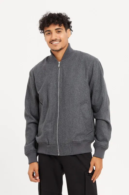 Men Charcoal Faux Fur Lined Melton Bomber Jacket sold by Redtag