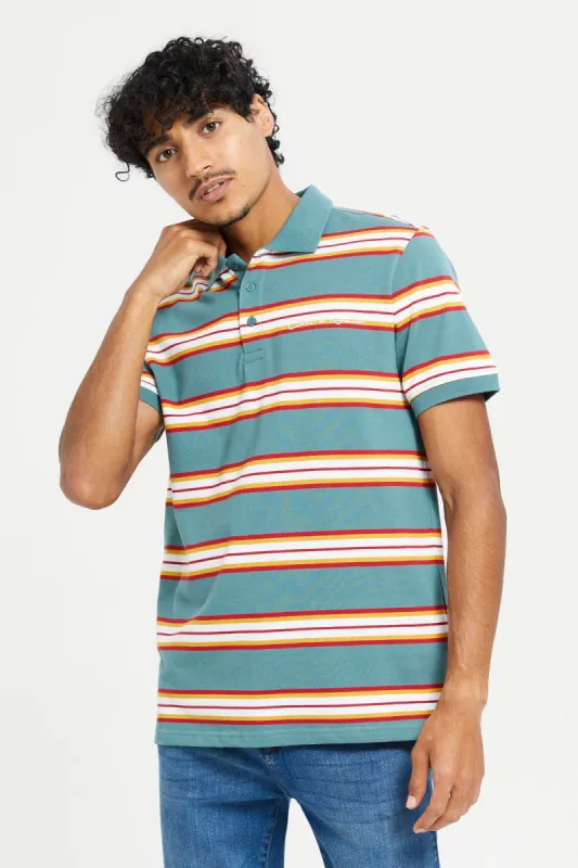 Men Green Stripe Polo Shirt sold by Redtag
