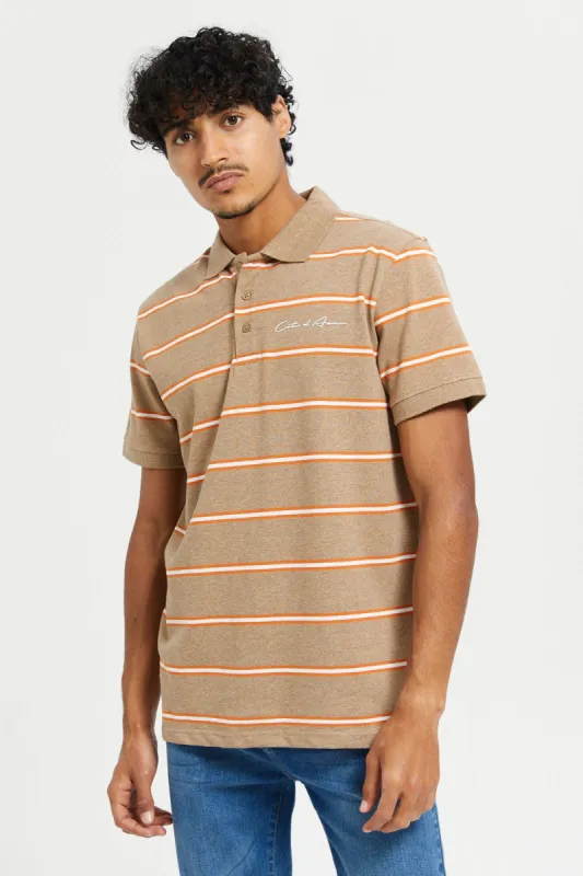Men Beige Stripe Polo Shirt sold by Redtag