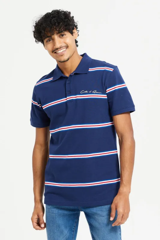 Men Navy Striped Polo Shirt sold by Redtag