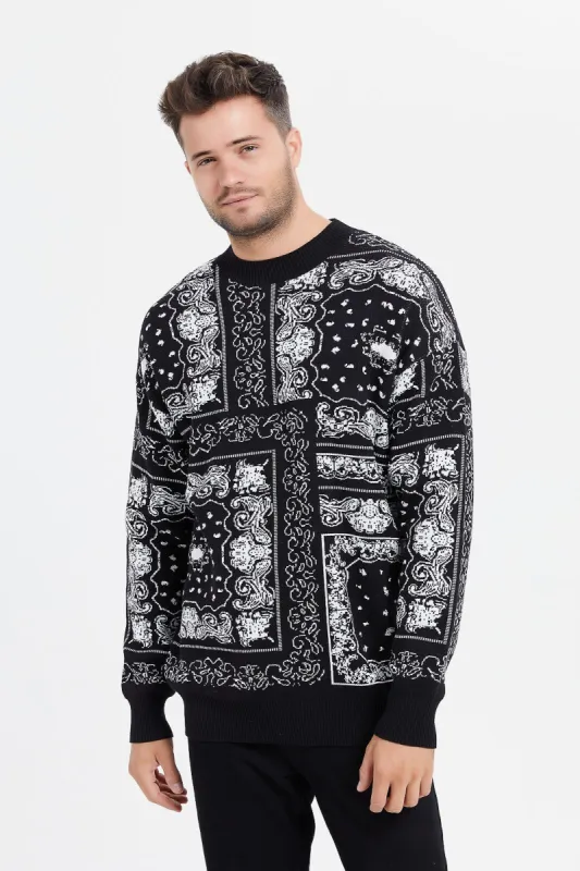 Men Black Paisley Intarsia Knitted Pullover made by Redtag