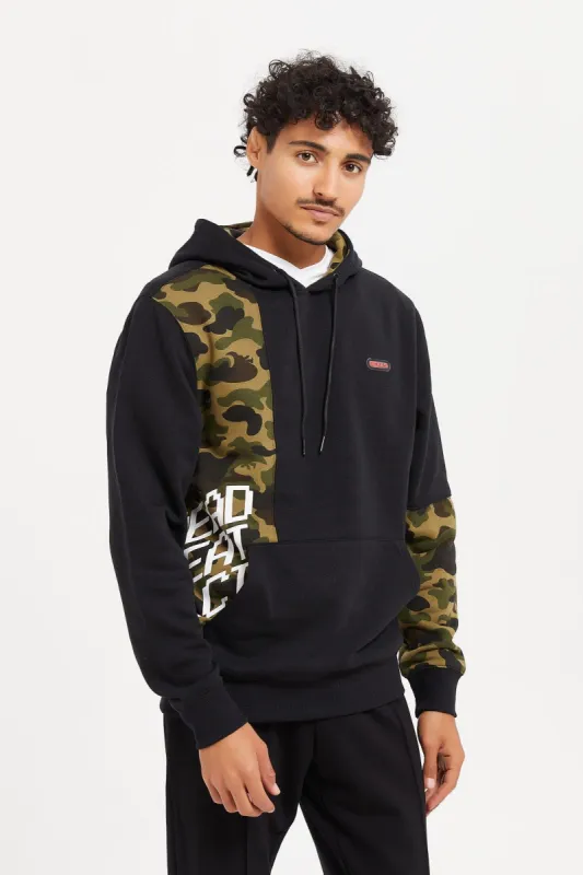 Men Black Camo Cut & Sew Hoodie sold by Redtag