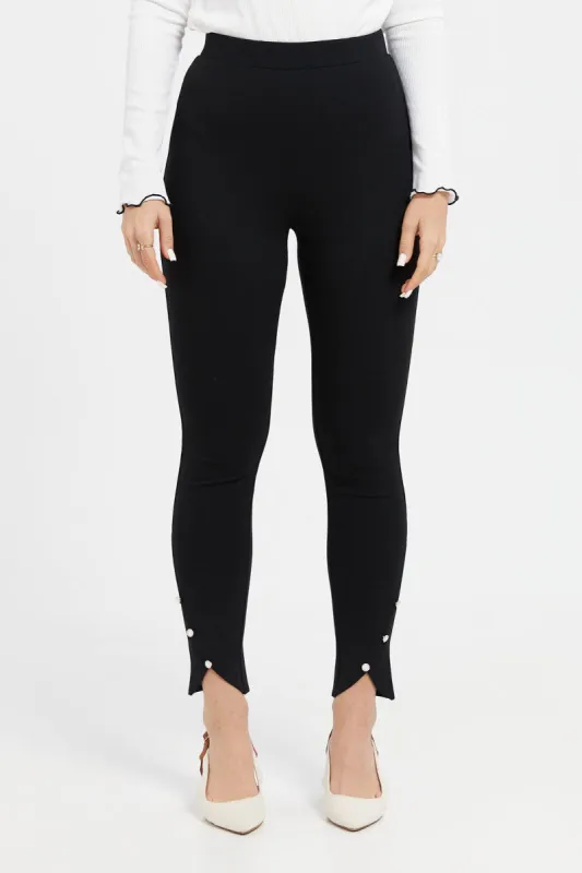 Women Black Multi Button Leggings sold by Redtag