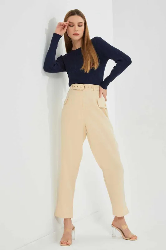 Women Beige Belted Trouser With Side Pockets sold by Redtag