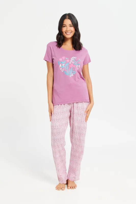 Women Purple Printed Round Neck Pyjama Set (2 Piece) sold by Redtag