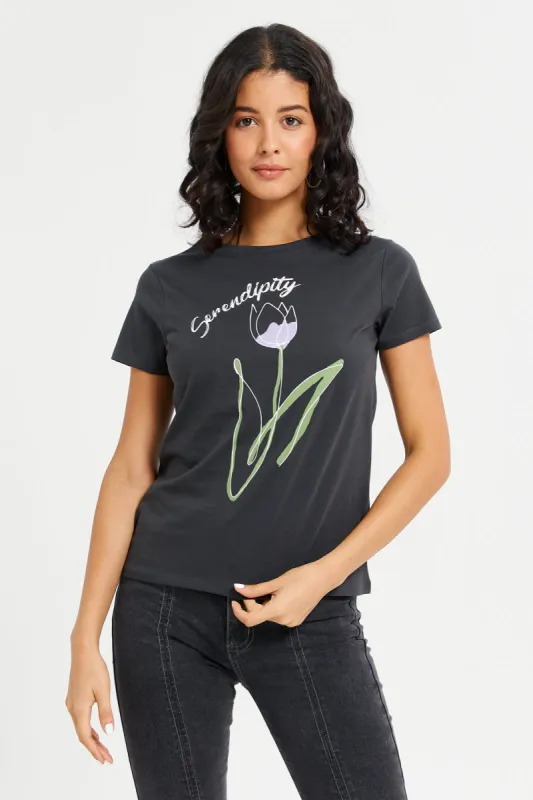 Women Charcoal Serendipity Printed T-Shirt sold by Redtag