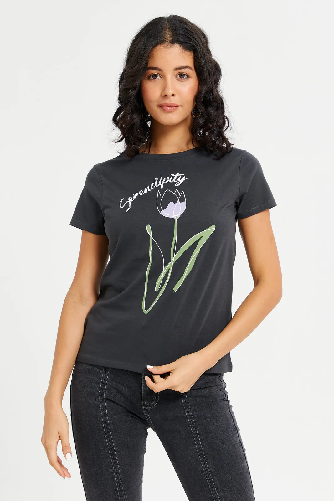 Women Charcoal Serendipity Printed T-Shirt sold by Redtag