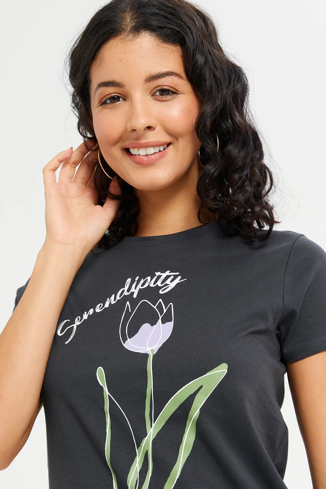Women Charcoal Serendipity Printed T-Shirt sold by Redtag product image thumbnail 4