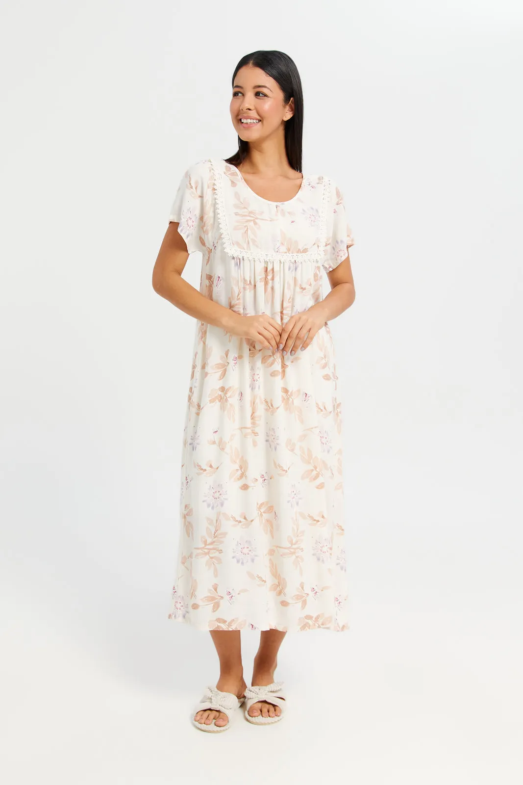 Women Beige Floral Printed Nightgown sold by Redtag