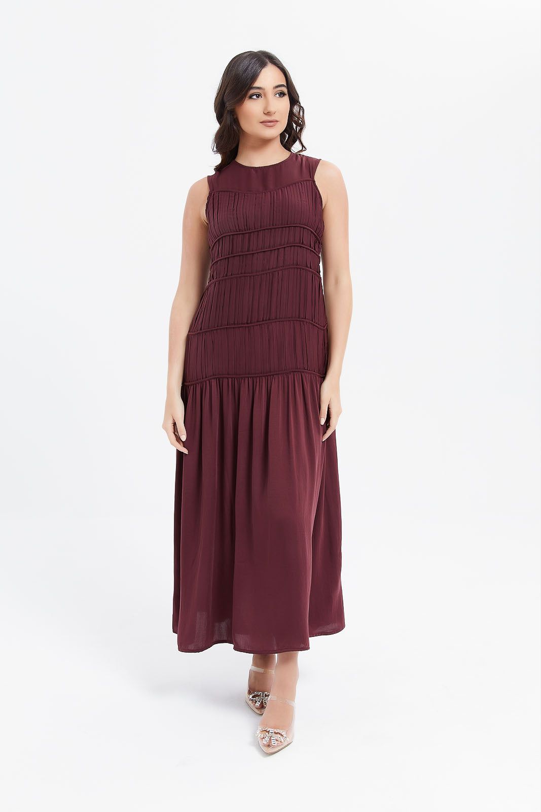 Women Burgundy Pleated Dress sold by Redtag