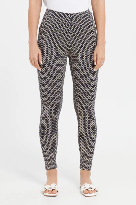 Women Beige And Black Printed Leggings sold by Redtag
