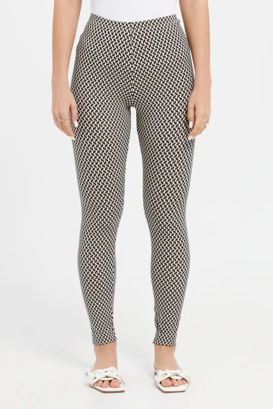Women Beige And Black Printed Leggings sold by Redtag