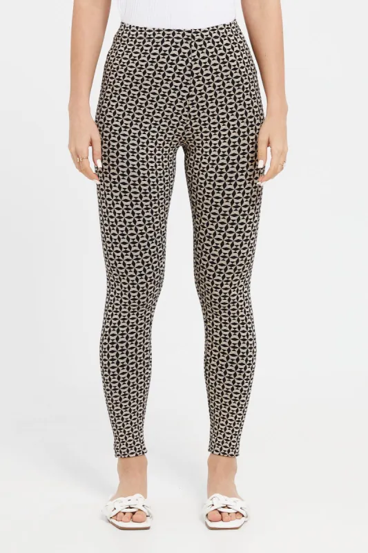 Women Beige And Black Printed Leggings sold by Redtag