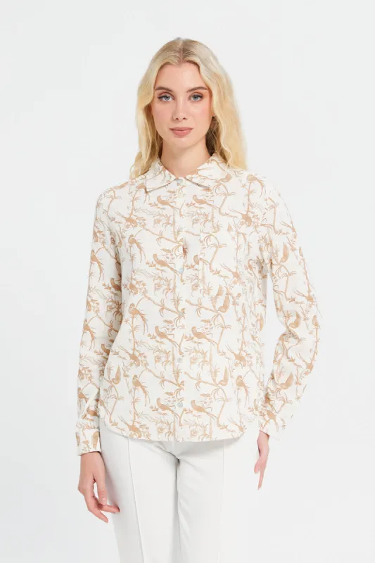 Women Beige Printed Collared Shirt Blouse sold by Redtag