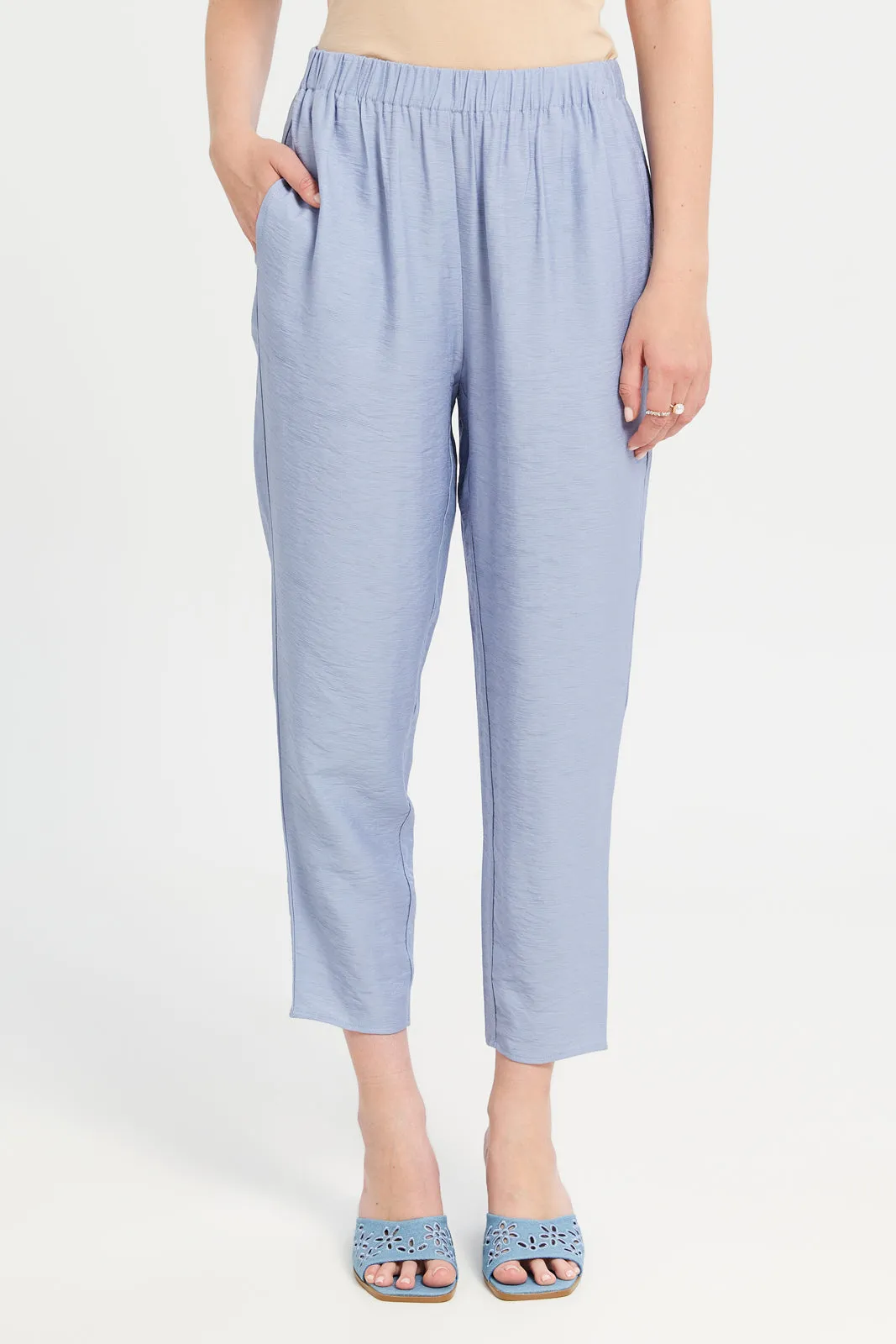 Women Blue Plain Wide Leg Back Elasticated Trouser sold by Redtag