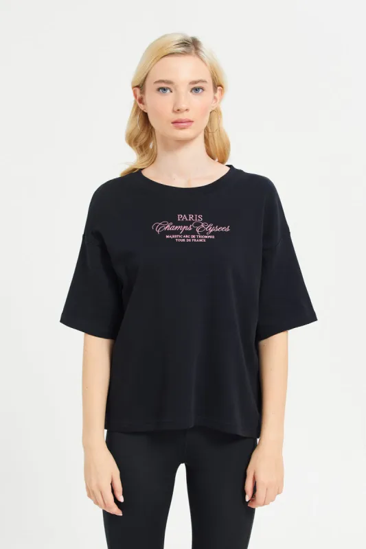 Women Black Embroidered Boxy T-Shirt sold by Redtag
