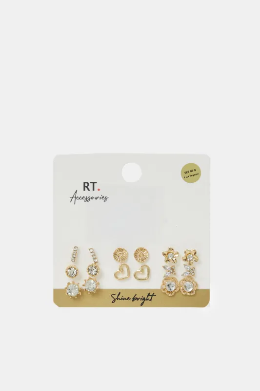 Women Gold Embellished Studs Set (8 Pairs) sold by Redtag